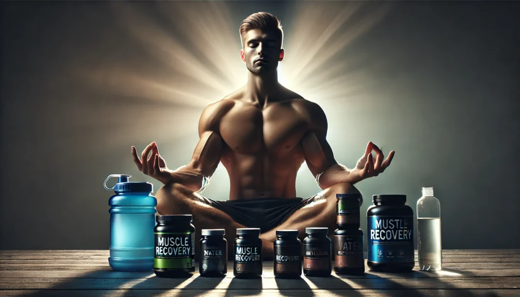 Man meditating post-workout with supplement jars and a water bottle around, conveying muscle recovery, mental regeneration, and peak performance