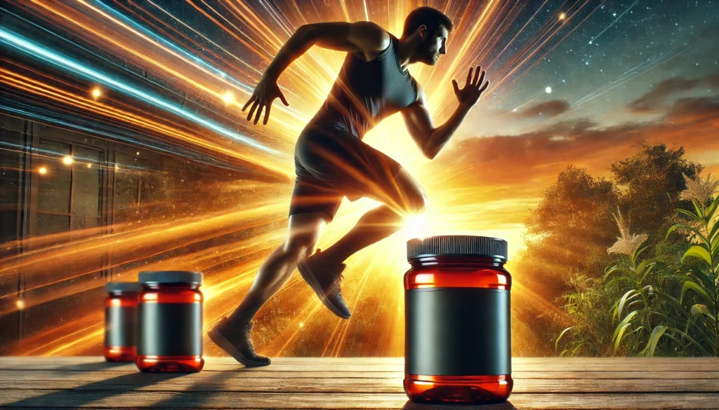 Man sprinting outdoors at sunrise with supplement containers in the foreground, showcasing athletic performance, energy regeneration, and recovery