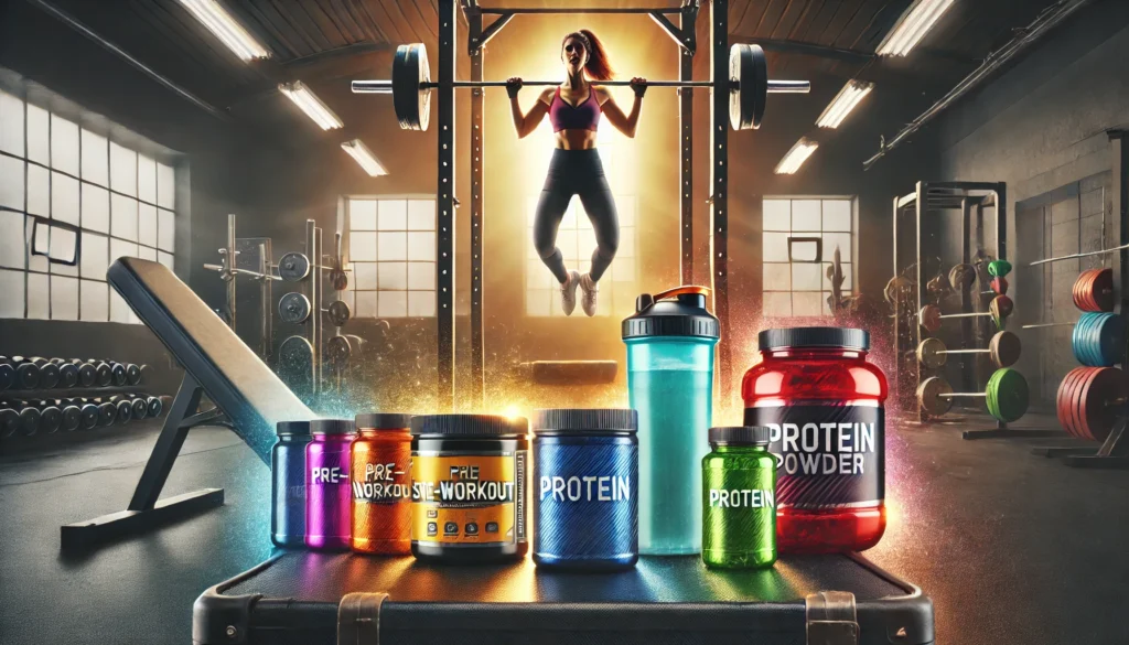 Colorful supplement bottles and containers on a gym bench with a muscular woman doing pull-ups in the background, highlighting strength and fitness for women