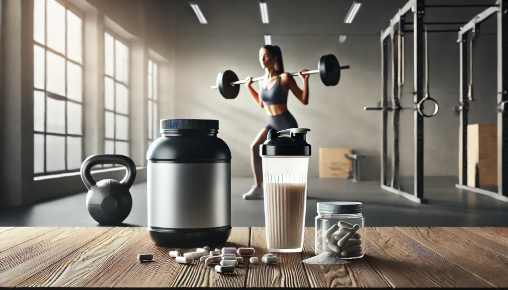 Minimalist display of protein powder, supplement capsules, and a shaker bottle on a wooden table with a woman performing kettlebell swings in the background, emphasizing muscle growth and power