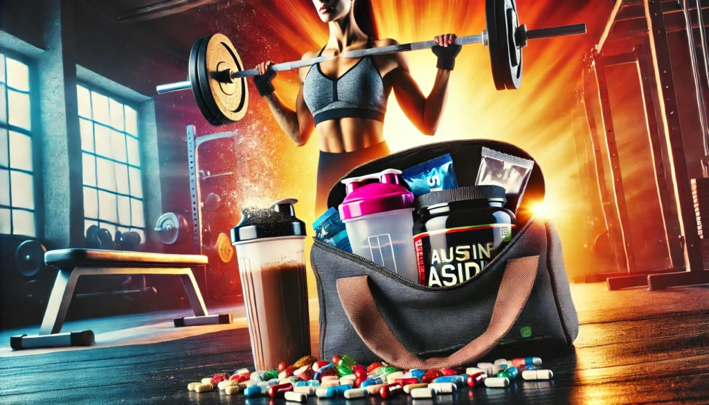 Gym bag with muscle-building supplements, including protein bars, amino acid capsules, and a shaker bottle spilling out, with a fit woman lifting a barbell in the background. The modern gym setting emphasizes strength and power for women