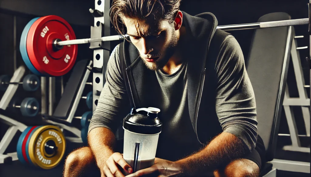 Exhausted athlete recovering after a workout, holding a protein shaker with creatine powder nearby, illustrating post-workout recovery and muscle regeneration