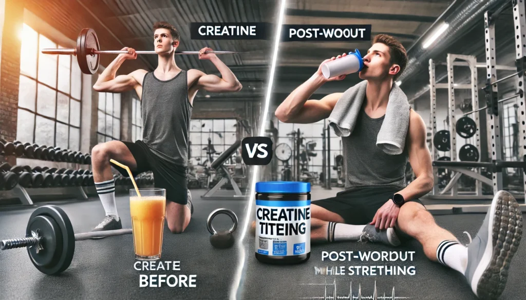 Comparison of two athletes in a gym—one taking creatine before lifting weights, the other consuming it post-workout while stretching, highlighting the timing debate for optimal performance