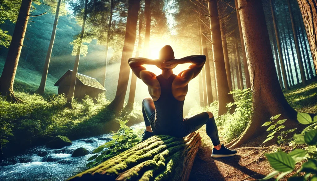 Athlete in a post-workout recovery pose surrounded by nature, with sunlight filtering through trees, symbolizing relaxation and muscle regeneration