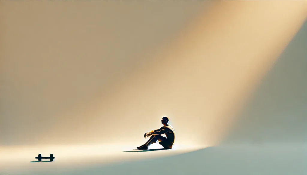 Minimalist scene of an athlete resting on the ground after an intense workout, with soft light highlighting relaxed muscles and a peaceful expression, symbolizing recovery and rejuvenation.