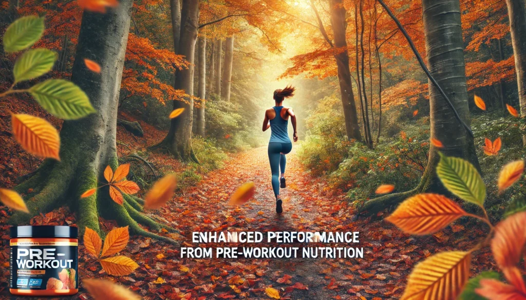 Woman jogging along a scenic forest trail with vibrant autumn leaves, capturing movement and energy for enhanced performance and natural endurance