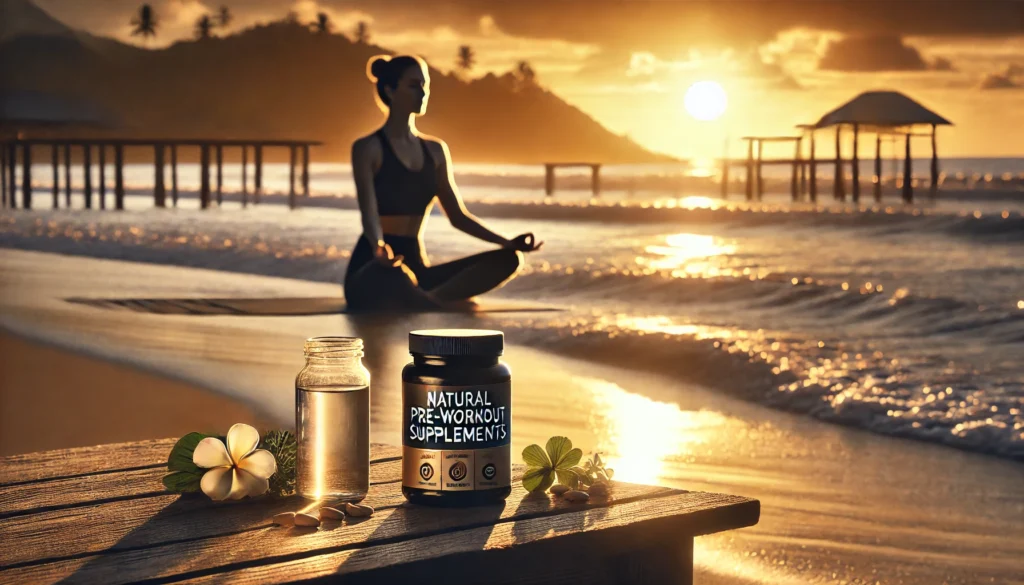 Woman practicing yoga on a beach at sunset with calming waves and golden light, representing recovery, balance, and natural pre-workout benefits