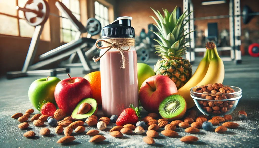 Close-up of a protein shake bottle surrounded by fresh fruits and nuts, emphasizing fitness nutrition and recovery in a gym environment