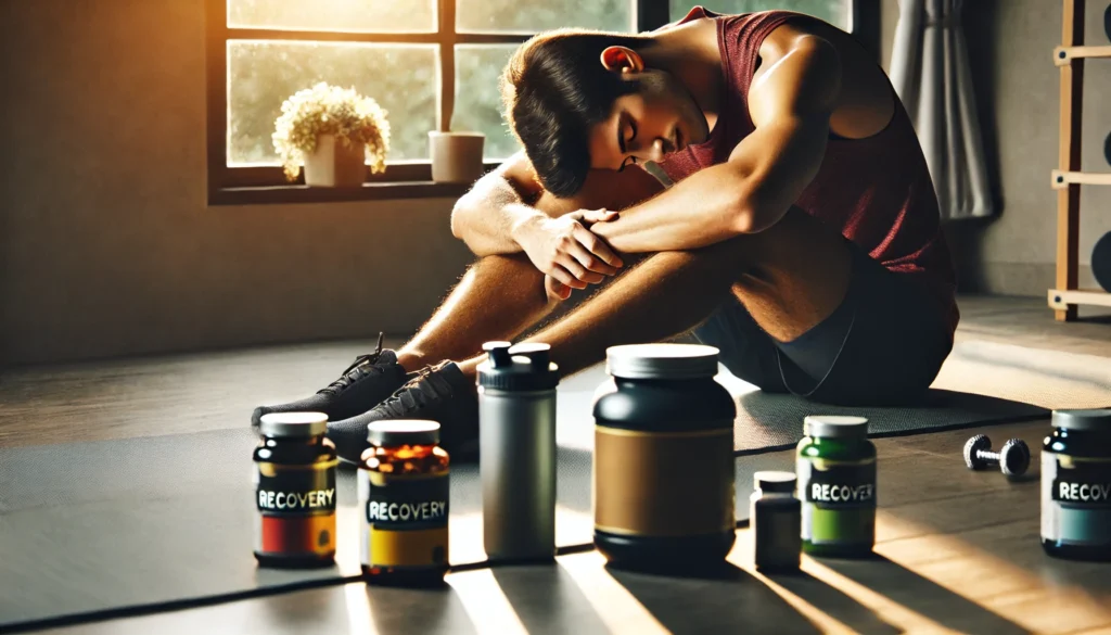 Athlete resting on a yoga mat with supplement containers nearby, illuminated by soft sunlight, representing recovery, regeneration, and vitality