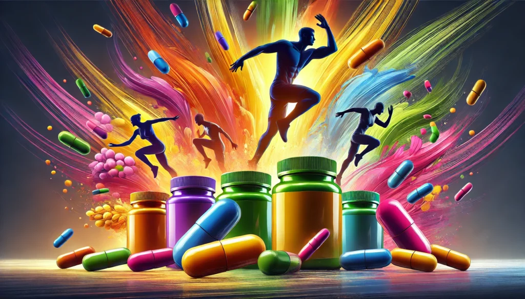 Colorful depiction of nutritional supplements exploding into energy waves with silhouettes of dynamic athletes, symbolizing enhanced performance and recovery