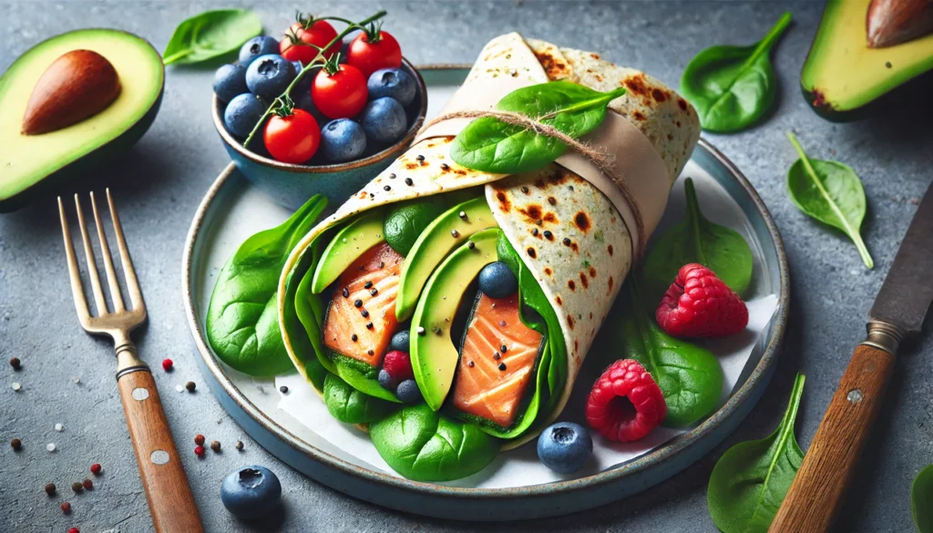 Protein-rich grilled salmon wrap with fresh spinach, avocado, and a side of mixed berries – nutritious fast food choice for athletic recovery