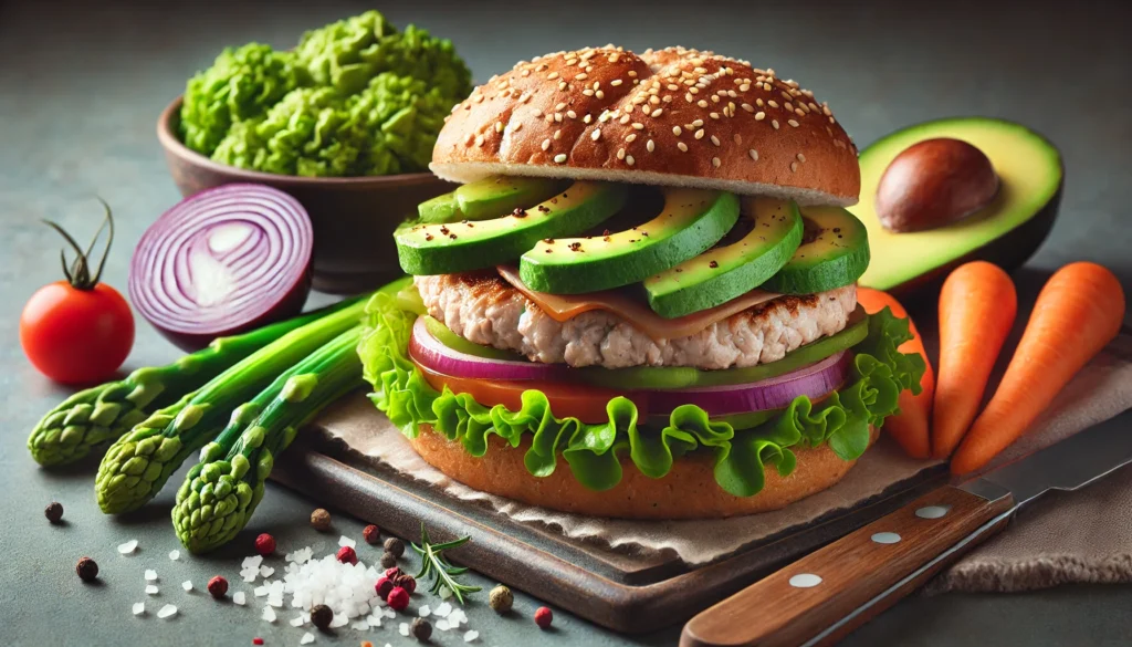 Lean turkey burger with avocado slices, whole grain bun, and a side of steamed vegetables – high-protein fast food option for post-exercise nutrition