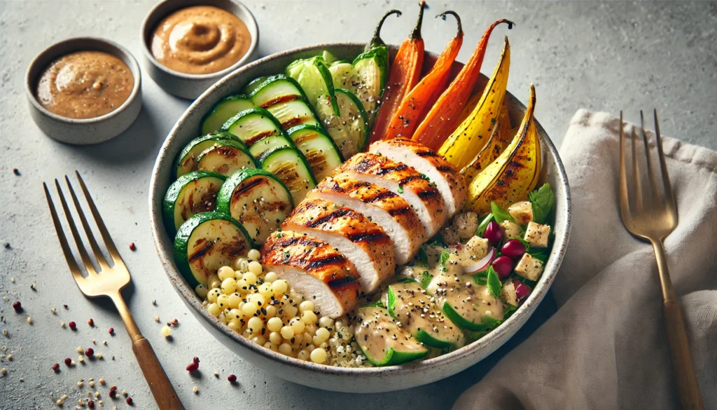 Protein bowl featuring grilled chicken, quinoa, roasted vegetables, and a light dressing – balanced fast food meal for muscle recovery and fitness