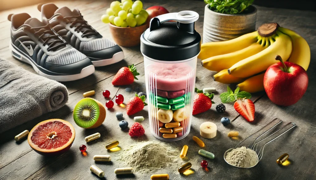 Close-up of pre-workout supplement powders and capsules with fresh fruits and a shaker bottle, representing natural energy and optimal recovery, surrounded by gym gear and athletic shoes