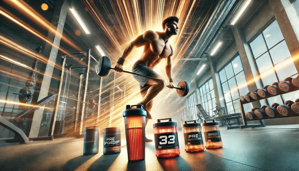 Dynamic action shot of an athlete lifting weights in a modern gym with pre-workout supplements arranged nearby, capturing intensity, focus, and performance enhancement.