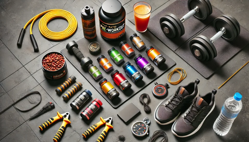 Flat lay of top-rated pre-workout supplements, including powders, capsules, and energy drinks, organized with fitness accessories on a gym mat, symbolizing preparation and athletic performance