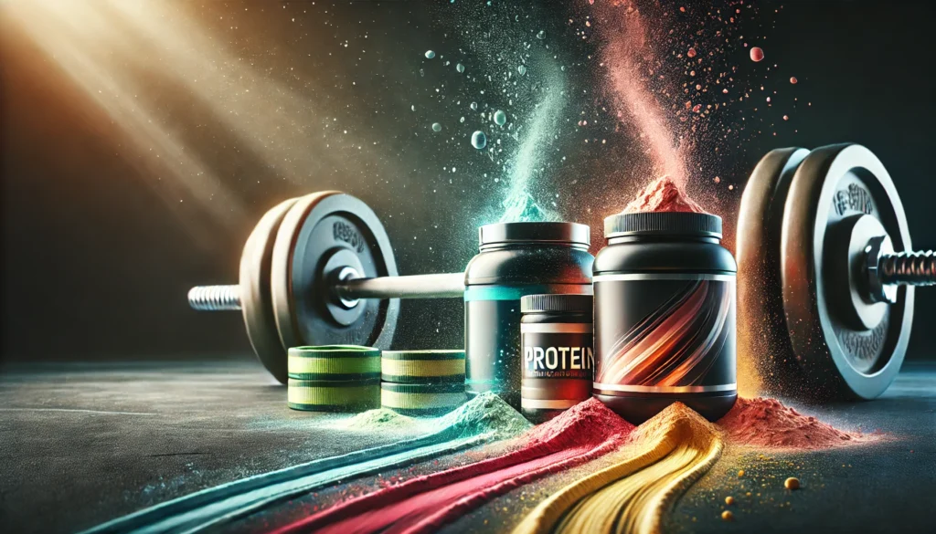 Vibrant sports supplement powders and containers on a dark gym floor with blurred gym equipment, representing energy and peak athletic performance