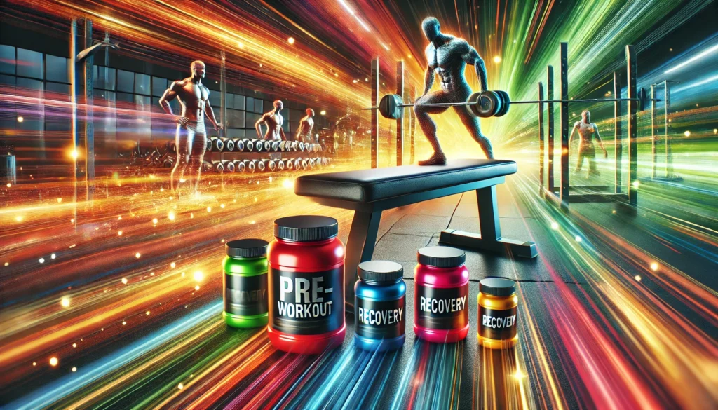 Colorful pre-workout and recovery supplements on a gym bench with a dynamic workout scene in the background, capturing energy and athletic recovery