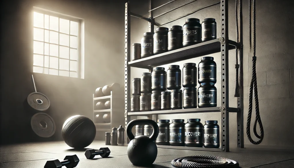 Minimalist containers of premium sports supplements on a gym shelf with kettlebells and jump ropes, emphasizing strength, recovery, and peak performance