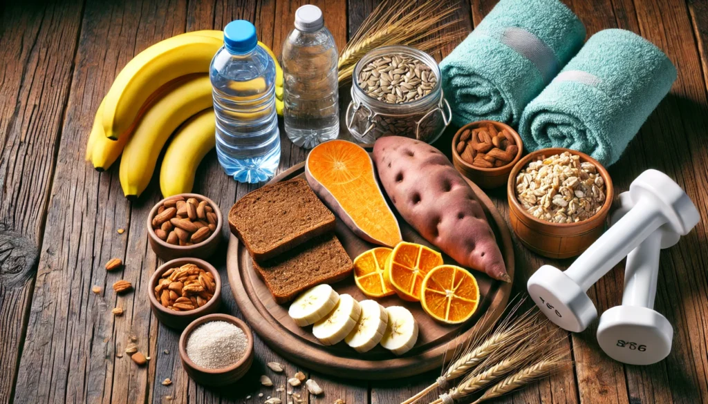 A vibrant spread of high-carb foods including sweet potatoes, bananas, and whole grain bread on a wooden table, accompanied by a water bottle and gym towel, symbolizing effective post-workout nutrition for faster recovery and enhanced athletic performance