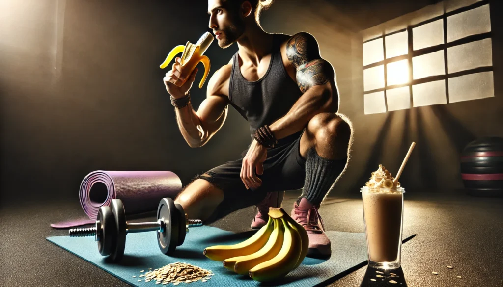 Dynamic post-workout scene of a fitness enthusiast drinking a smoothie made with bananas and oats, surrounded by dumbbells and a yoga mat, emphasizing the role of carbs in recovery and improved athletic performance