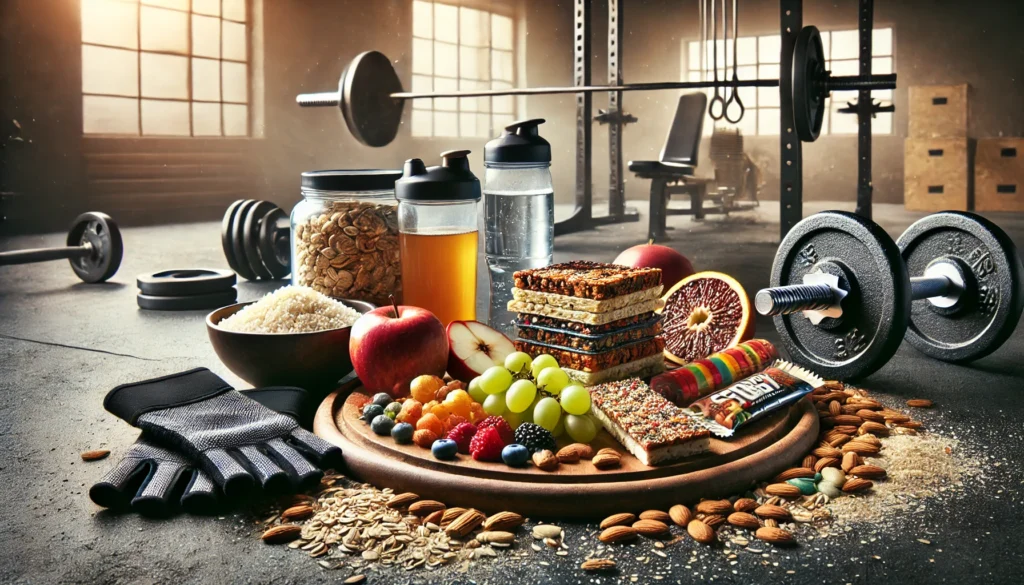 Energized gym environment showcasing a table filled with post-workout carb sources such as rice cakes, fruits, and energy bars, alongside gym gloves and a water bottle, highlighting the importance of carbohydrates for recovery and peak performance