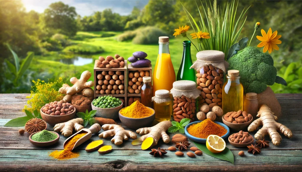 Artistic display of anti-inflammatory foods such as turmeric, ginger, and omega-3 rich nuts on a rustic wooden table with a green outdoor setting, evoking natural healing and recovery