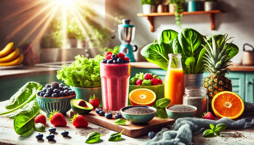 Vibrant smoothie preparation with antioxidant-rich ingredients like berries, leafy greens, and chia seeds in a bright, modern kitchen with sunlight streaming in, conveying health and athletic recovery