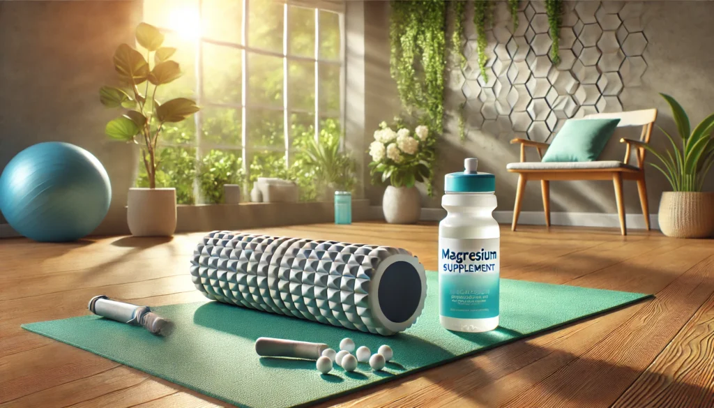 Serene post-workout recovery scene with a foam roller, water bottle, and magnesium supplement capsules on a yoga mat in a sunlit room with greenery, symbolizing relaxation and muscle recovery.