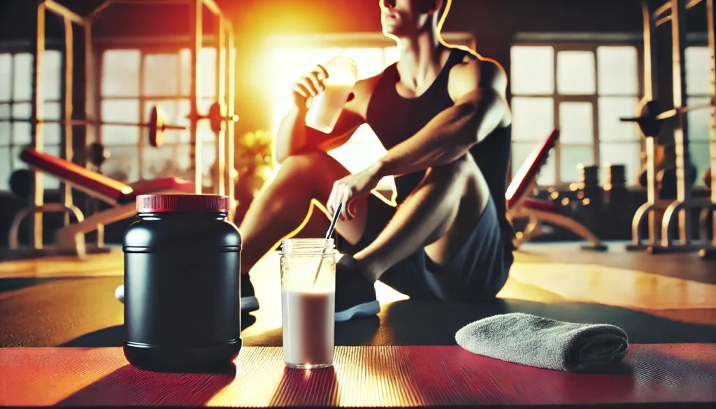 Person relaxing post-workout with a protein shake, emphasizing recovery and muscle regeneration in a gym environment