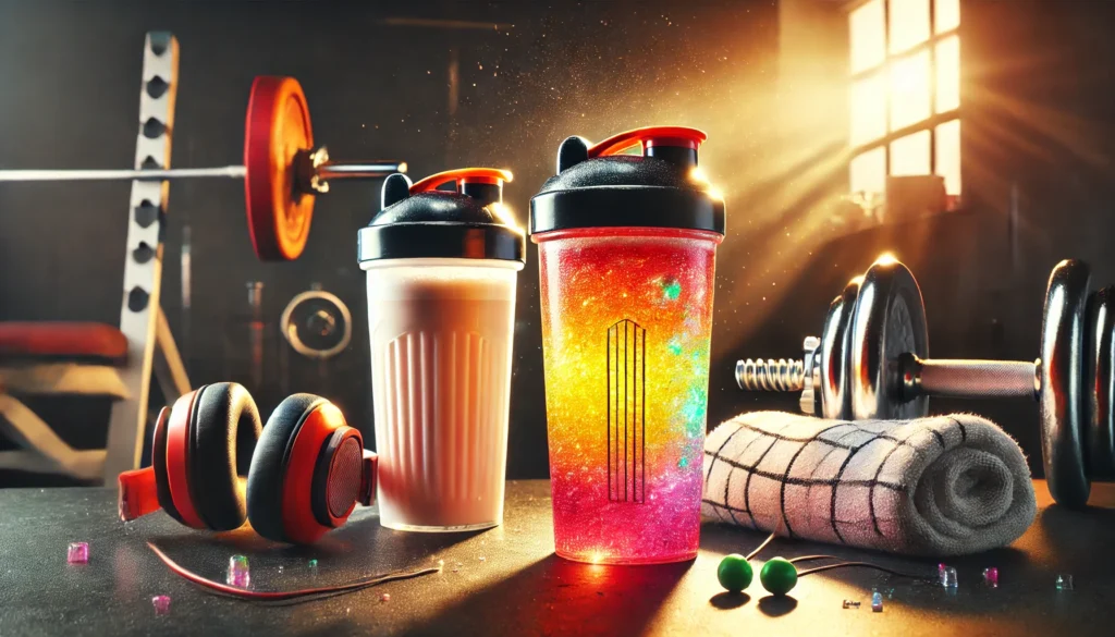 Close-up of two shaker bottles on a gym bench – one with colorful pre-workout and the other with a creamy protein shake, highlighting energizing effects versus muscle recovery