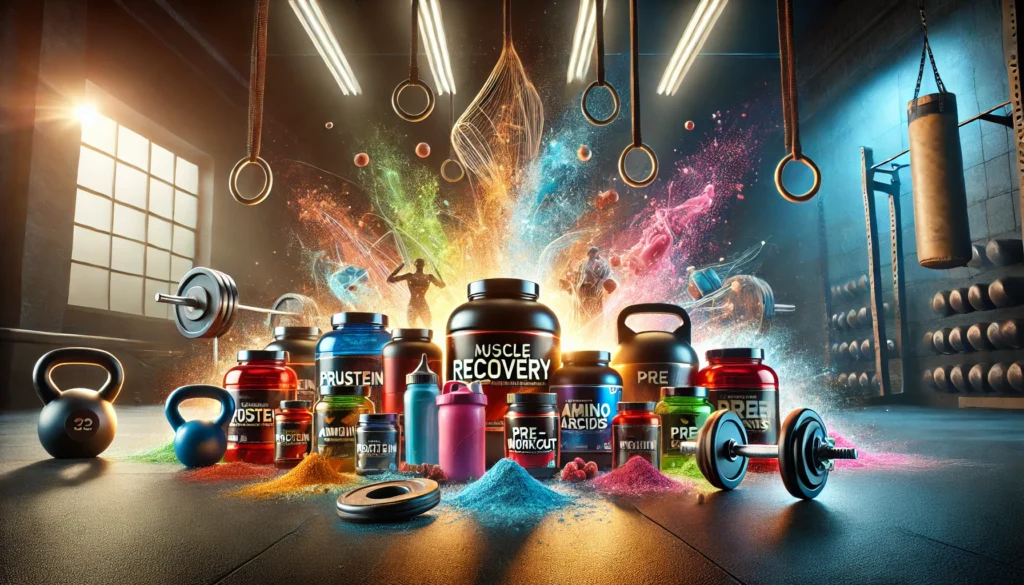 Vibrant display of muscle recovery supplements like protein powders and pre-workout drinks on a gym floor, with kettlebells and resistance bands in the background, symbolizing energy and athletic regeneration