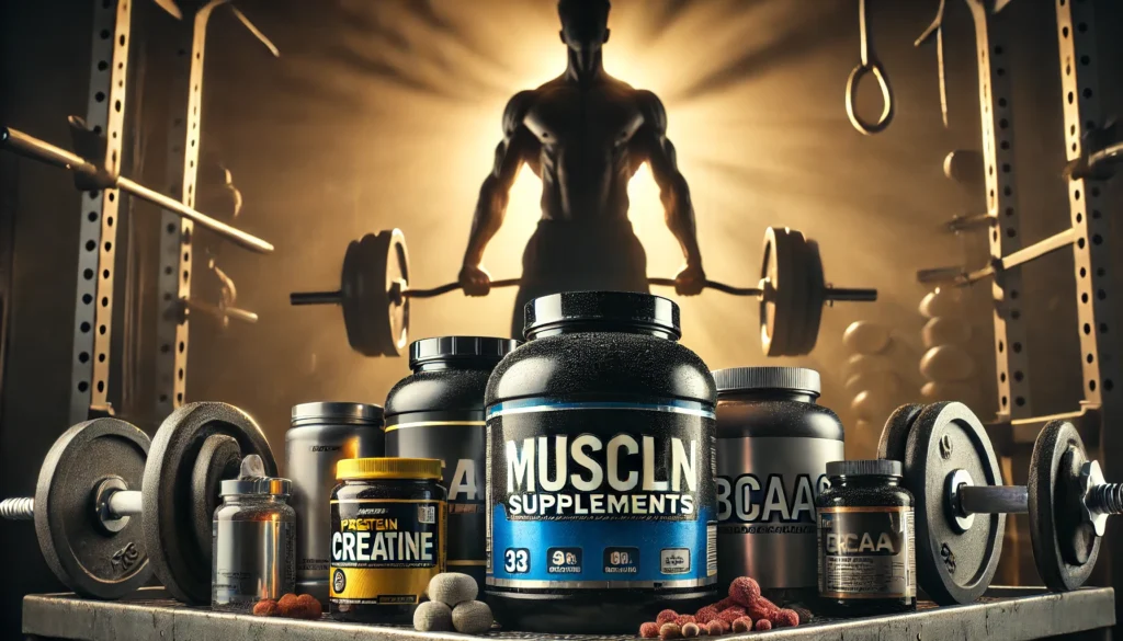 Powerful visual of muscle supplements, including protein powders and BCAAs, on a metal shelf with a muscular silhouette lifting weights in the background, highlighting strength, recovery, and athletic regeneration