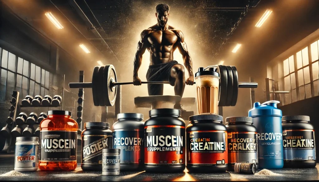 Intense scene of muscle supplements including protein powders, recovery shakes, and creatine tubs on a workout bench. In the background, a muscular athlete is lifting heavy weights with dramatic lighting, symbolizing power, endurance, and athletic recover