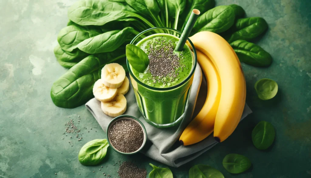 Nutrient-rich green smoothie with spinach, banana slices, and chia seeds, perfect for faster post-run athletic recovery