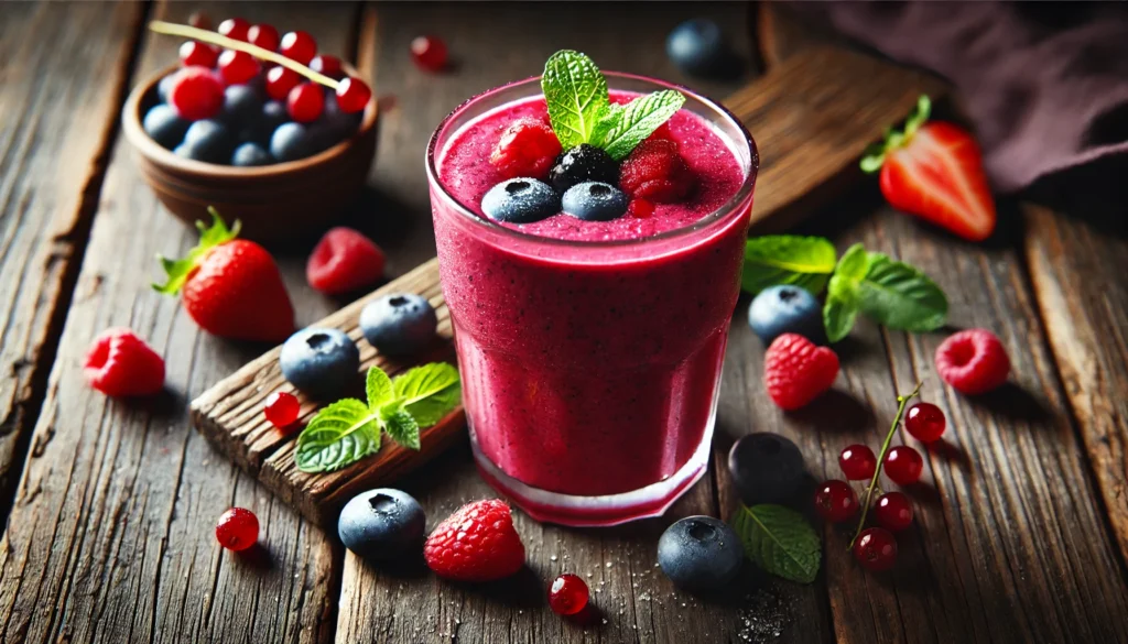 Vibrant berry smoothie with fresh berries and mint, a refreshing post-run recovery drink for athletic regeneration