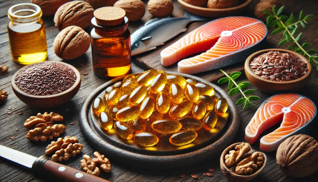 A close-up of omega-3 fish oil capsules glistening under natural light, surrounded by fresh salmon, walnuts, and flaxseeds, symbolizing anti-inflammatory supplements for rheumatoid arthritis