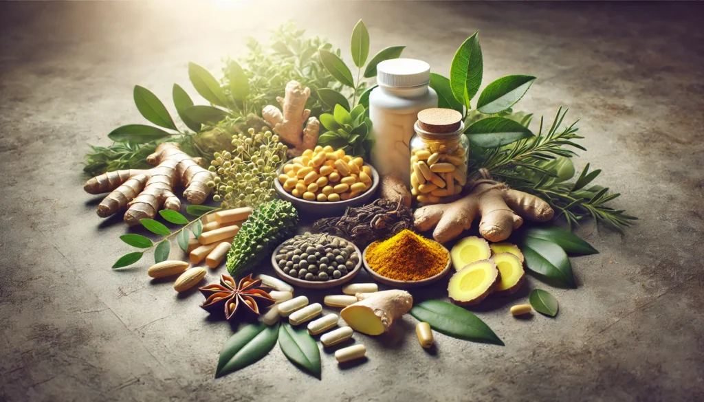 A beautiful arrangement of herbal supplements for rheumatoid arthritis, featuring turmeric, Boswellia, ginger, and green tea leaves, displayed on a natural stone surface with soft diffused lighting