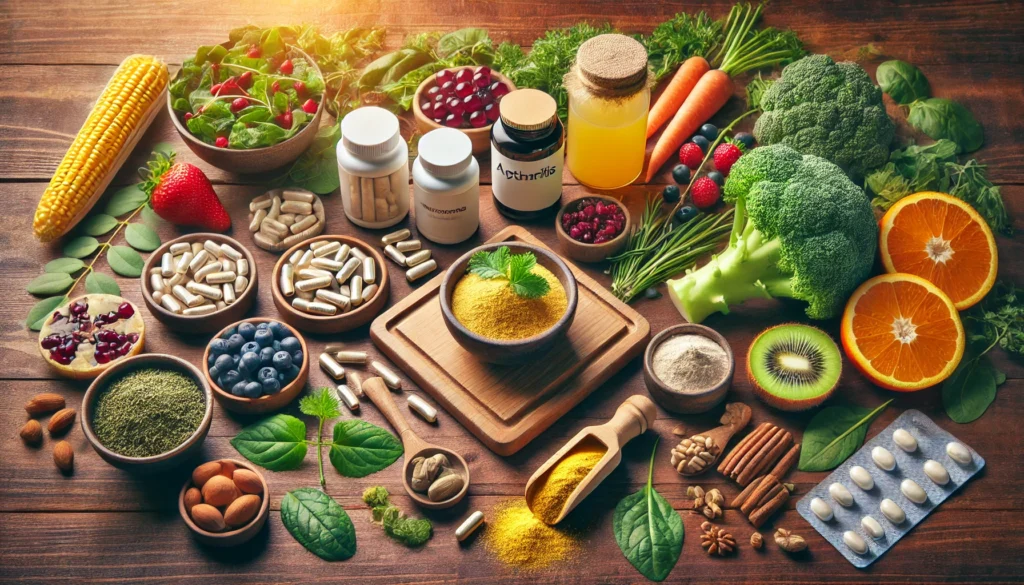 A visually appealing composition of dietary supplements for arthritis, including capsules, powders, and fresh natural ingredients like leafy greens, nuts, and berries, arranged on a wooden background with warm lighting