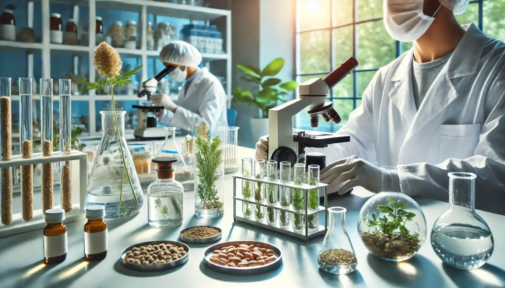 A modern laboratory where scientists in white lab coats conduct rigorous testing of natural supplements, using advanced lab equipment, glass beakers with herbal extracts, and microscopes to ensure high-quality formulations