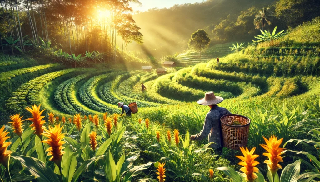 A lush organic farm with green fields of medicinal herbs and golden turmeric plants, where farmers are harvesting fresh botanicals under the sun, emphasizing sustainable and ethical sourcing of supplement ingredients