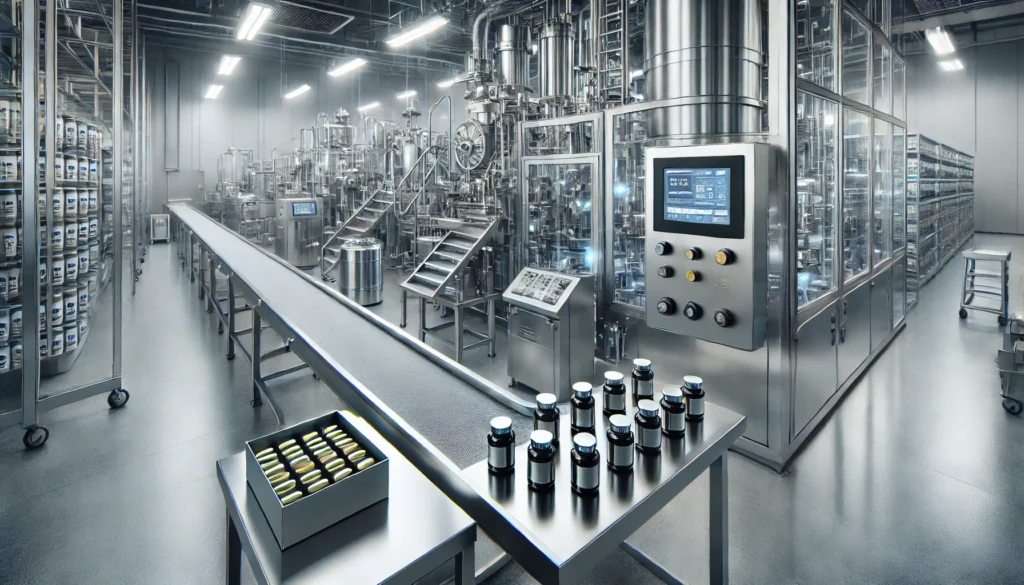 A modern supplement manufacturing facility with stainless steel equipment, automated production lines, and supplement capsules being carefully packaged, highlighting precision and strict quality control in trusted supplement brands