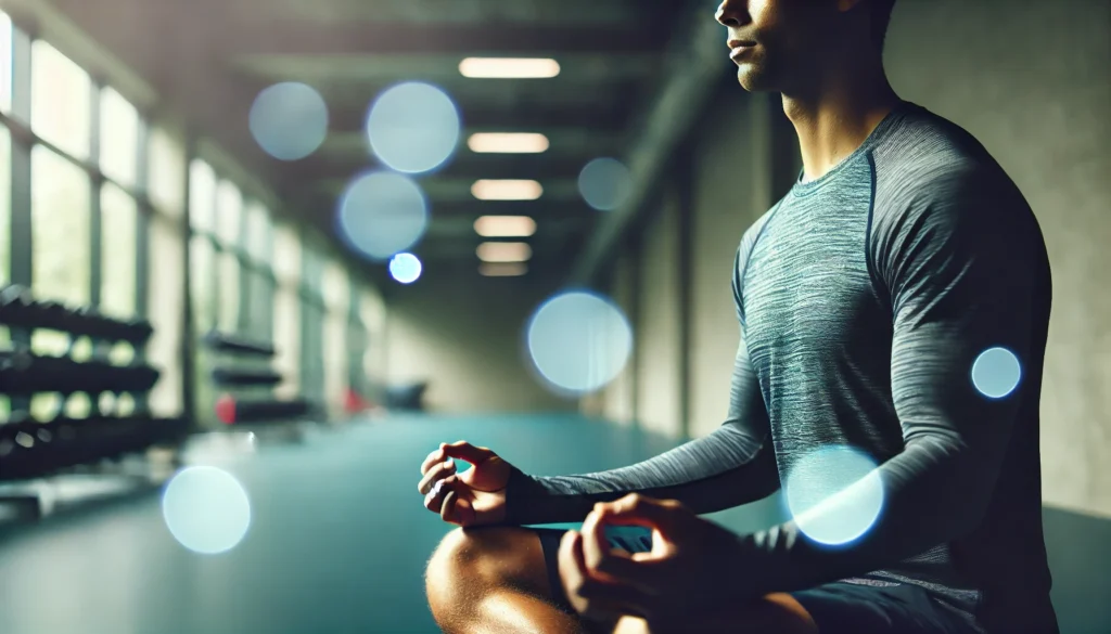 Focused athlete meditating post-workout in a calm fitness environment, conveying relaxation and muscle recovery