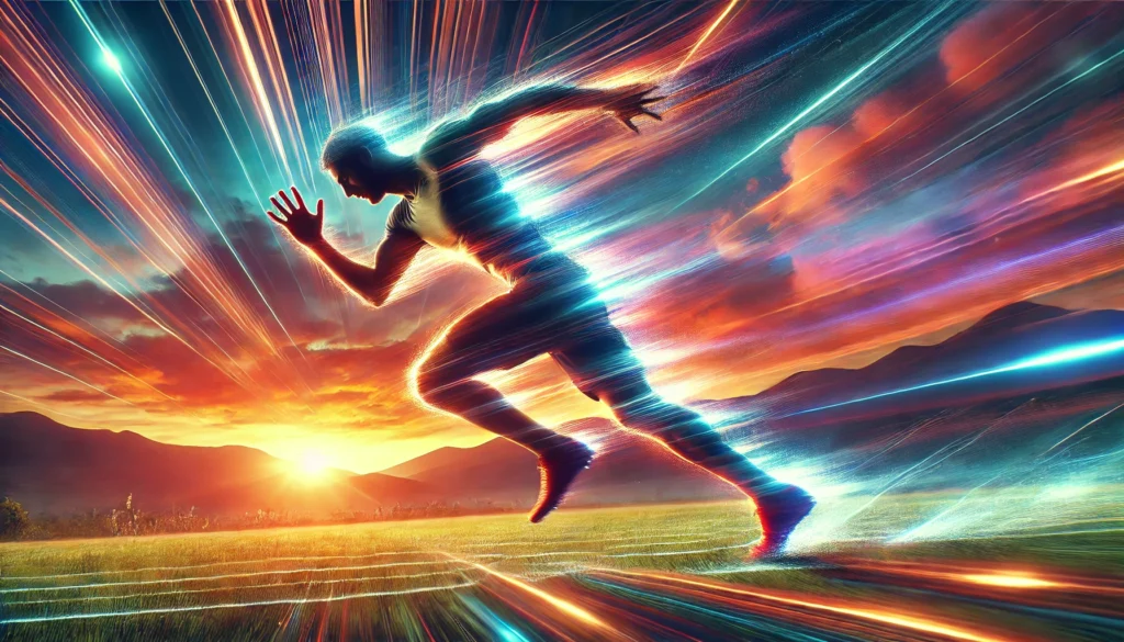 Athlete sprinting outdoors at sunset with motion blur depicting speed and power, symbolizing vitality and enhanced athletic performance