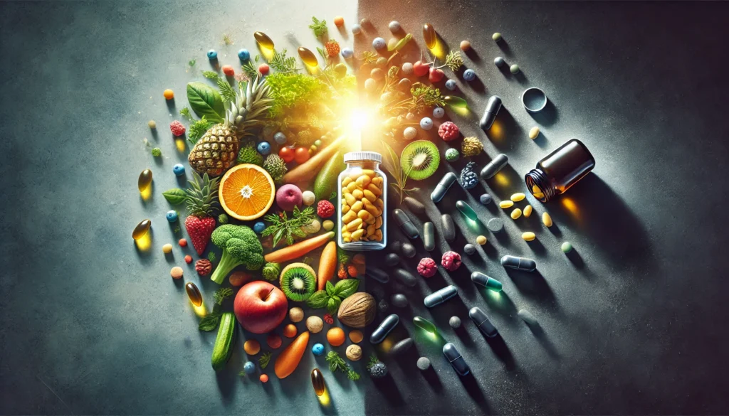 A conceptual visual representation of the benefits and risks of dietary supplements. One side features glowing, vibrant supplements surrounded by fresh fruits and nuts, while the other side has darkened pills next to an overturned bottle, symbolizing potential risks. The background shifts from bright to dim, emphasizing the contrast between health benefits and side effects