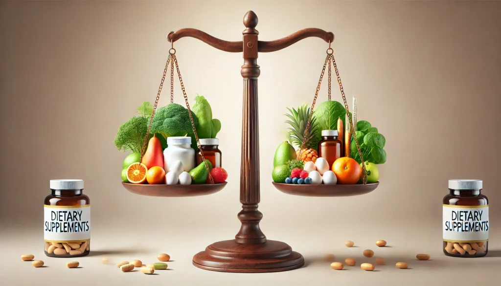 A balanced scale with dietary supplements on one side and fresh organic foods on the other, illustrating the comparison between natural nutrition and supplementation. The neutral gradient background highlights the importance of making informed health choices, while the scale symbolizes the delicate balance of nutrient intake