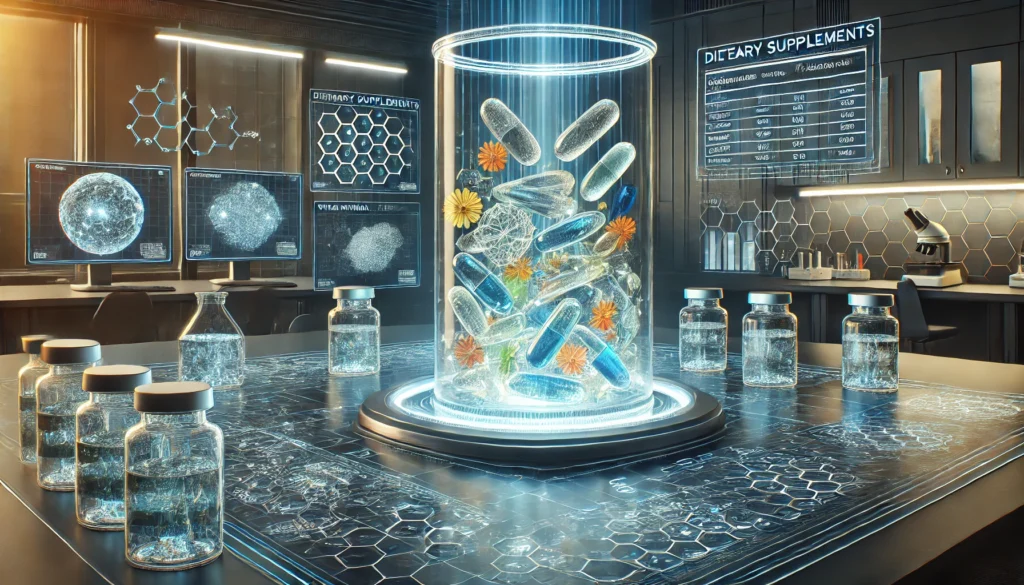 A futuristic visualization of dietary supplements in a high-tech laboratory setting, featuring transparent capsules filled with glowing nutrients floating above an advanced analysis table. Holographic data screens display vitamin and mineral compositions, highlighting the role of scientific research in supplement development