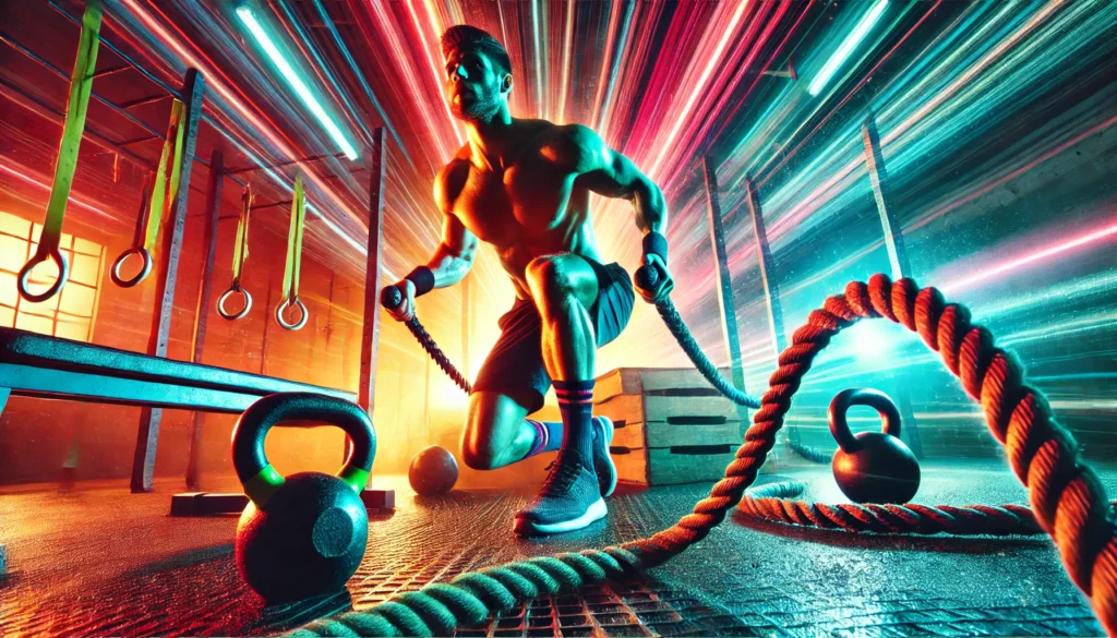 Intense workout scene with an athlete in motion, surrounded by kettlebells and battle ropes, emphasizing peak physical performance