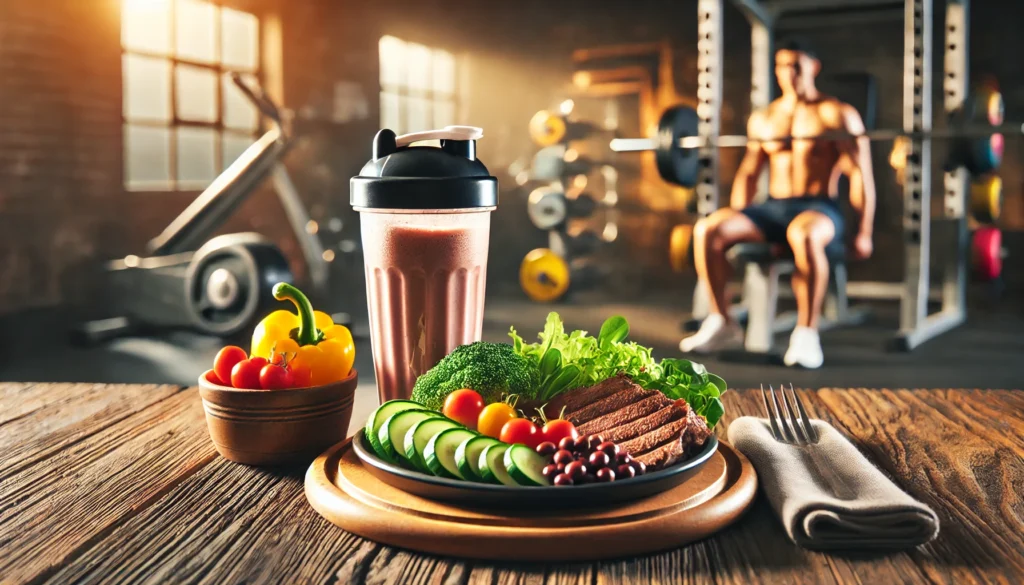 Post-workout recovery meal with lean protein, vegetables, and a protein shake, highlighting the importance of nutrition for athletic recovery