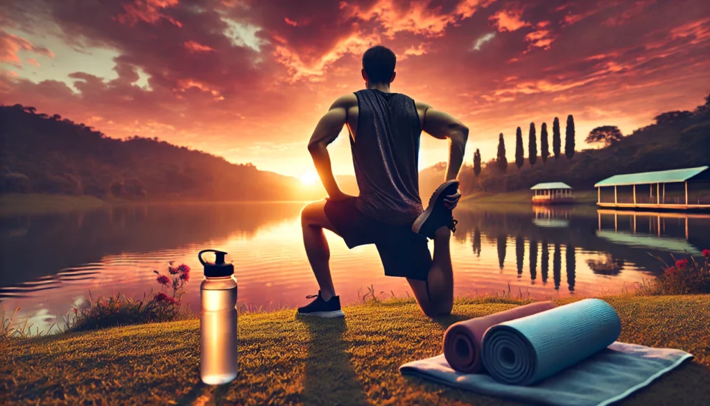 Athlete stretching by a scenic lakeside at sunset, with a water bottle and towel nearby, symbolizing hydration and relaxation after a workout